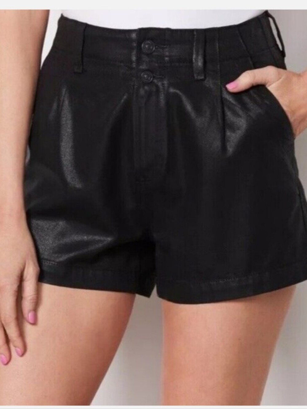 Paige Mayslie Black High-Waisted  Women’s Shorts In Midnight Oil Coating, S/30